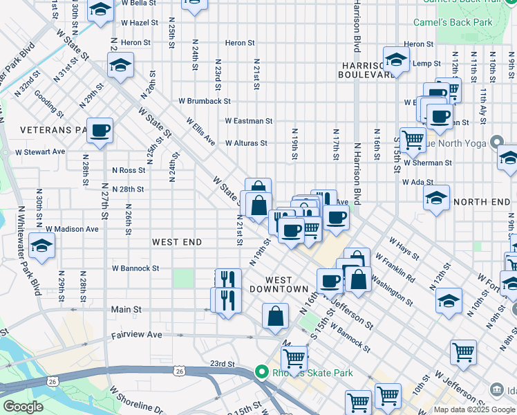 map of restaurants, bars, coffee shops, grocery stores, and more near 1918 West State Street in Boise