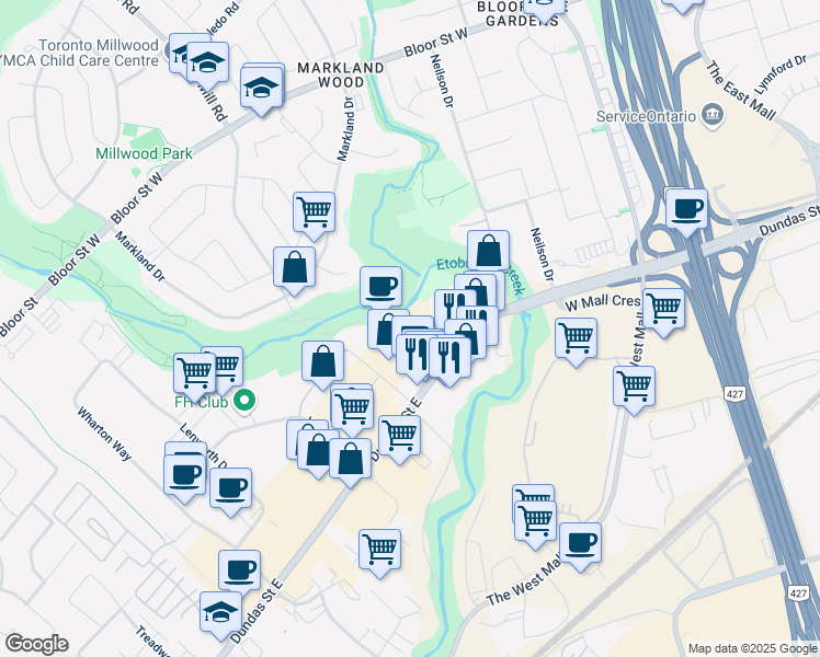 map of restaurants, bars, coffee shops, grocery stores, and more near 3045 Southcreek Road in Mississauga