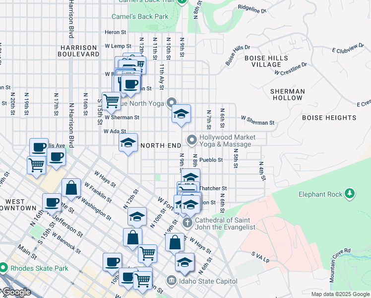 map of restaurants, bars, coffee shops, grocery stores, and more near 902 Pueblo Street in Boise