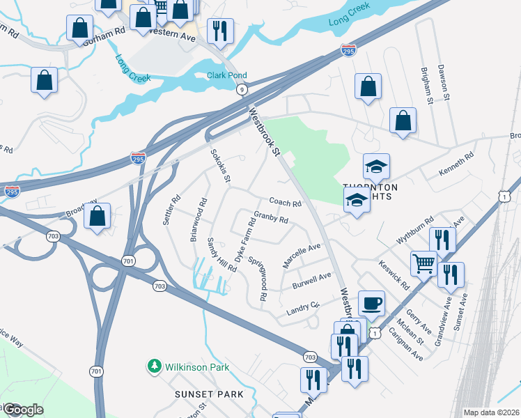 map of restaurants, bars, coffee shops, grocery stores, and more near 80 Granby Road in South Portland