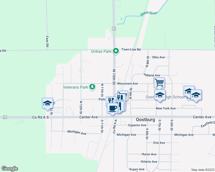 map of restaurants, bars, coffee shops, grocery stores, and more near 306 North 10th Street in Oostburg
