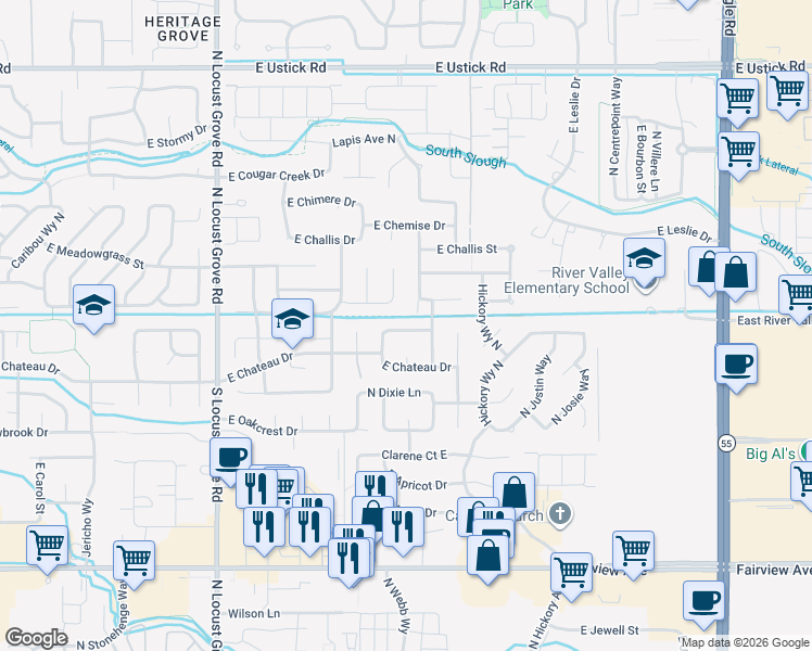 map of restaurants, bars, coffee shops, grocery stores, and more near 2235 East Katelyn Drive in Meridian