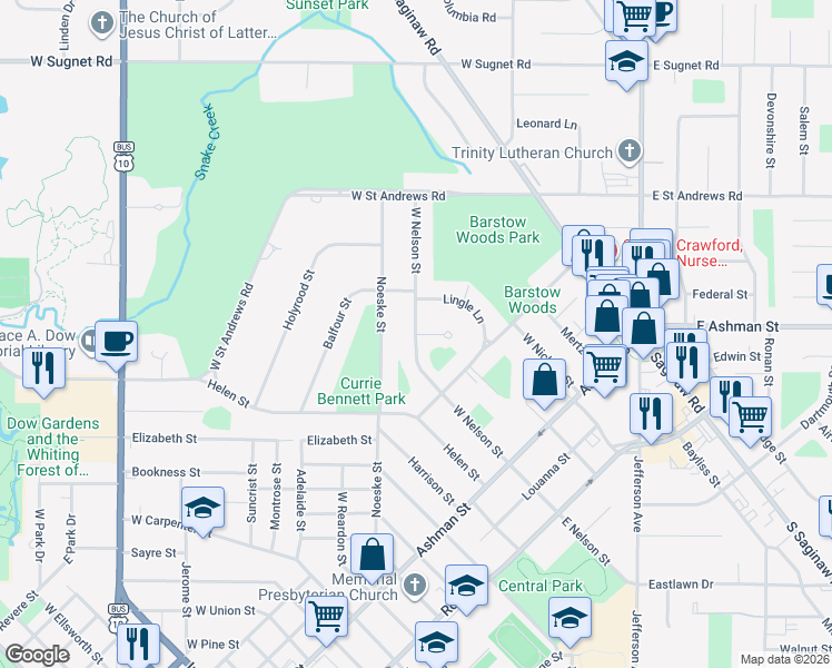 map of restaurants, bars, coffee shops, grocery stores, and more near 13 Dartmoor Place in Midland