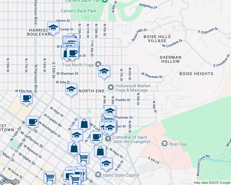 map of restaurants, bars, coffee shops, grocery stores, and more near 1304 North 8th Street in Boise