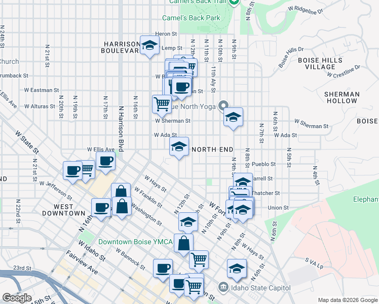 map of restaurants, bars, coffee shops, grocery stores, and more near 1104 North 12th Street in Boise