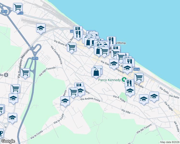 map of restaurants, bars, coffee shops, grocery stores, and more near 47 Via Giacomo Matteotti in Falconara Marittima