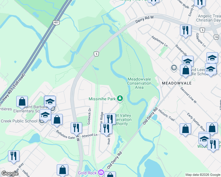 map of restaurants, bars, coffee shops, grocery stores, and more near 7287 Waldorf Way in Mississauga