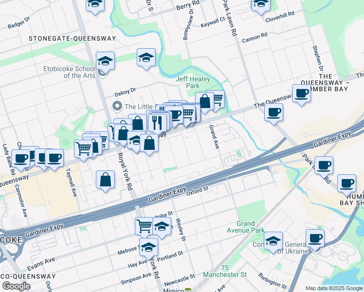 map of restaurants, bars, coffee shops, grocery stores, and more near in Toronto
