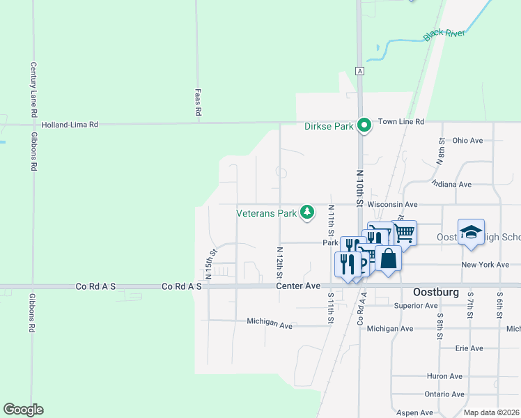 map of restaurants, bars, coffee shops, grocery stores, and more near 1233 Wisconsin Avenue in Oostburg