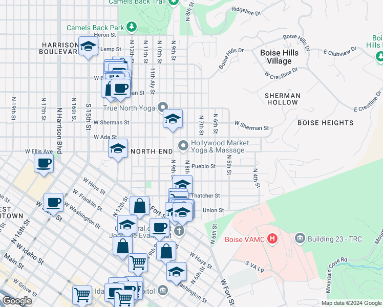 map of restaurants, bars, coffee shops, grocery stores, and more near 1304 North 8th Street in Boise
