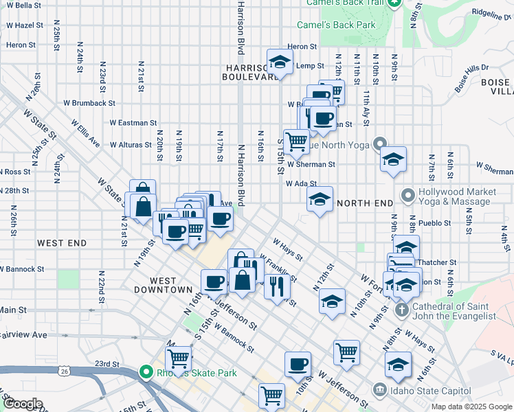 map of restaurants, bars, coffee shops, grocery stores, and more near 1606 West Hays Street in Boise