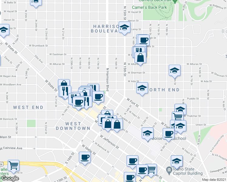 map of restaurants, bars, coffee shops, grocery stores, and more near 1606 West Hays Street in Boise