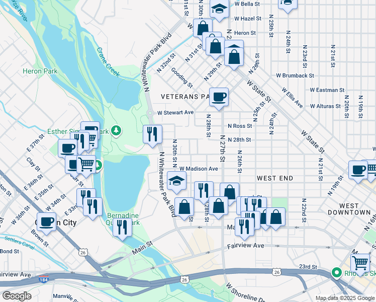 map of restaurants, bars, coffee shops, grocery stores, and more near 2911 West Pleasanton Avenue in Boise
