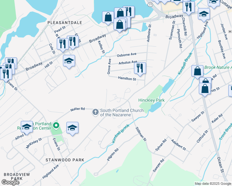 map of restaurants, bars, coffee shops, grocery stores, and more near 34 Bayberry Way in South Portland