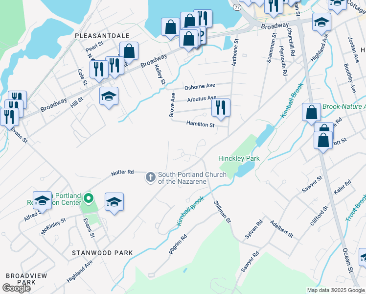 map of restaurants, bars, coffee shops, grocery stores, and more near 34 Bayberry Way in South Portland