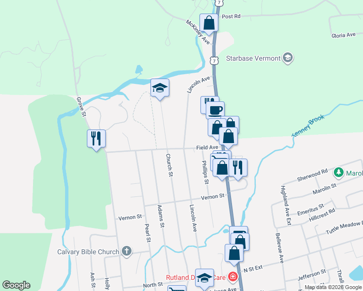 map of restaurants, bars, coffee shops, grocery stores, and more near 32 Field Avenue in Rutland