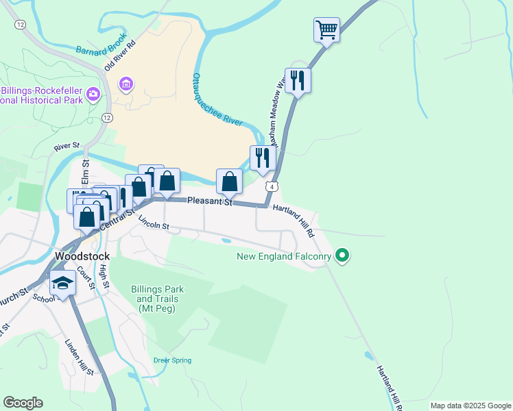 map of restaurants, bars, coffee shops, grocery stores, and more near 72 Pleasant Street in Woodstock