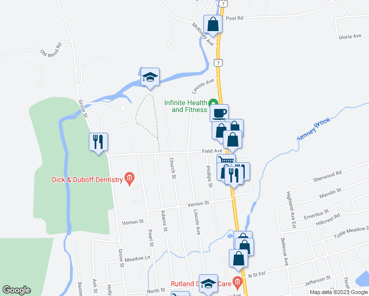map of restaurants, bars, coffee shops, grocery stores, and more near 32 Field Avenue in Rutland