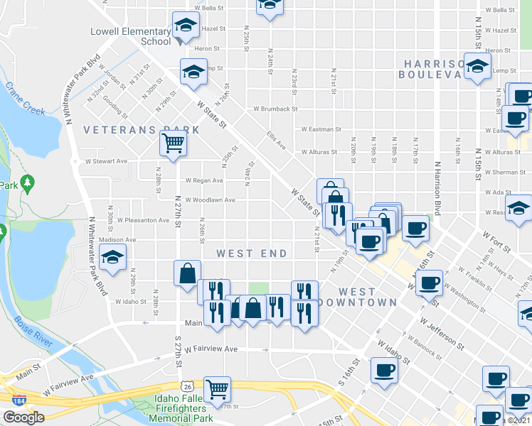 map of restaurants, bars, coffee shops, grocery stores, and more near 2301 West Pleasanton Avenue in Boise