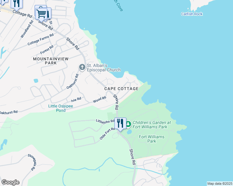 map of restaurants, bars, coffee shops, grocery stores, and more near 974 Shore Road in Cape Elizabeth