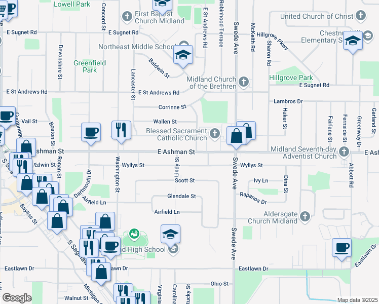 map of restaurants, bars, coffee shops, grocery stores, and more near 1319 East Ashman Street in Midland