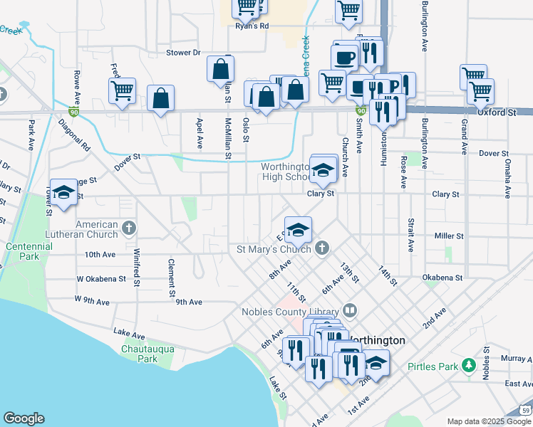 map of restaurants, bars, coffee shops, grocery stores, and more near 923 11th Street in Worthington