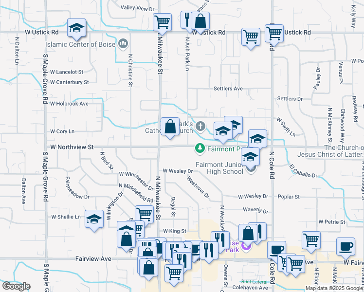 map of restaurants, bars, coffee shops, grocery stores, and more near 7701 West Northview Street in Boise