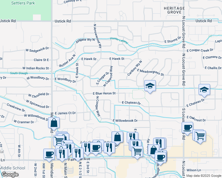 map of restaurants, bars, coffee shops, grocery stores, and more near 735 East Blue Heron Street in Meridian