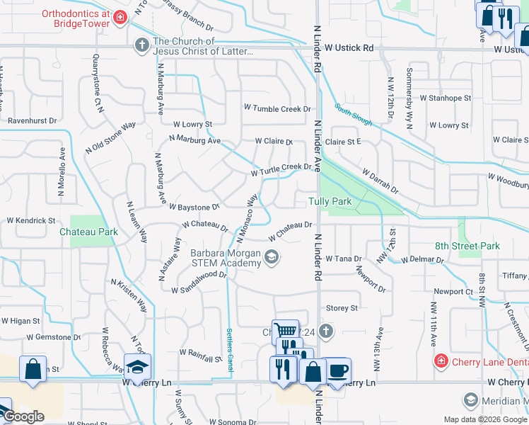 map of restaurants, bars, coffee shops, grocery stores, and more near 1821 Tracy Court in Meridian