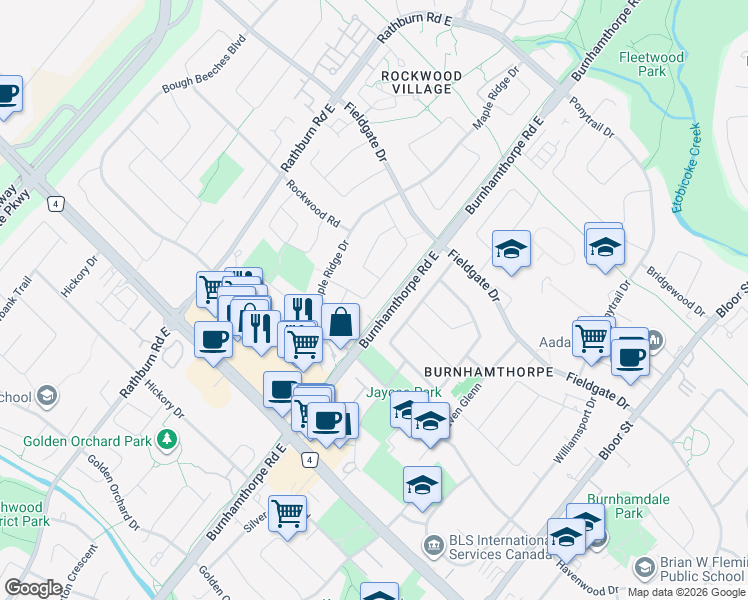 map of restaurants, bars, coffee shops, grocery stores, and more near 1570 Lewes Way in Mississauga