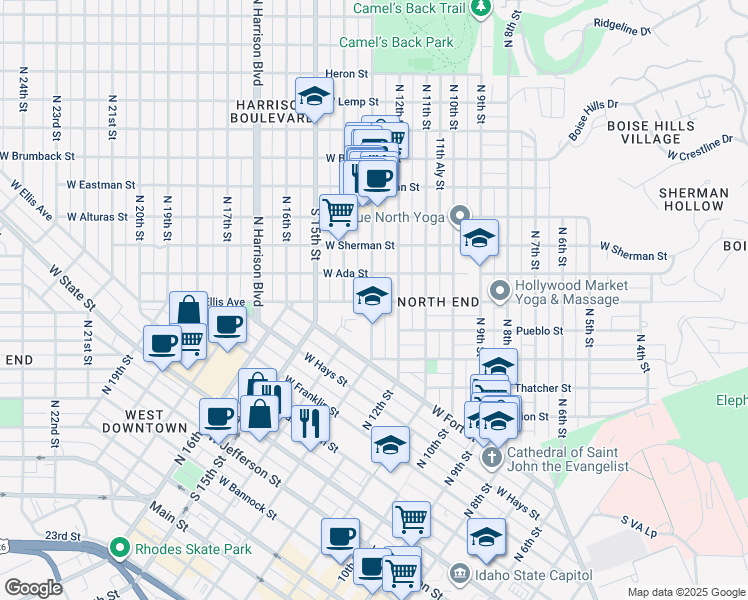 map of restaurants, bars, coffee shops, grocery stores, and more near 1011 North 13th Street in Boise