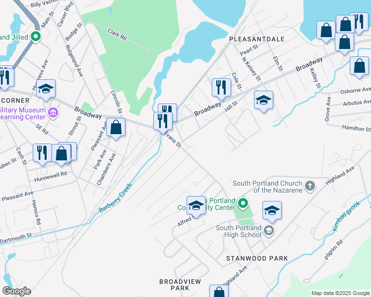 map of restaurants, bars, coffee shops, grocery stores, and more near 83 Evans Street in South Portland