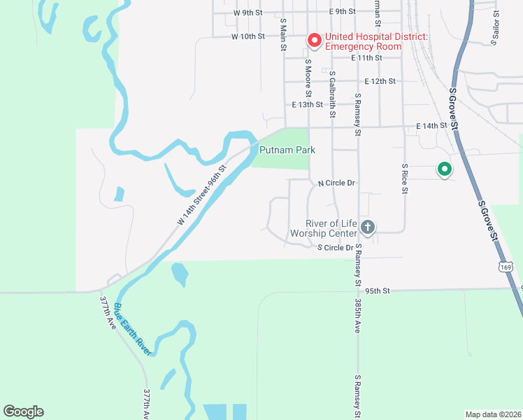map of restaurants, bars, coffee shops, grocery stores, and more near 302 Oak Knoll Court in Blue Earth