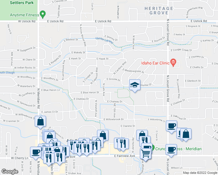 map of restaurants, bars, coffee shops, grocery stores, and more near 911 East Brown Bear Court in Meridian