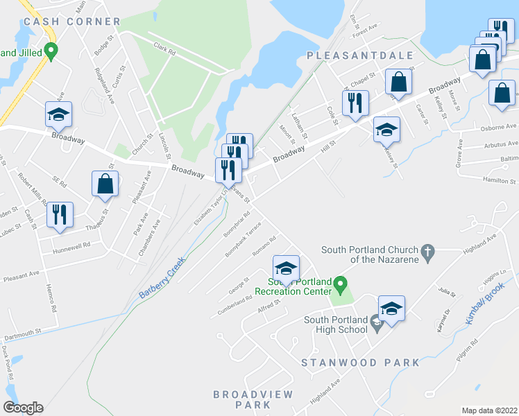 map of restaurants, bars, coffee shops, grocery stores, and more near 83 Evans Street in South Portland