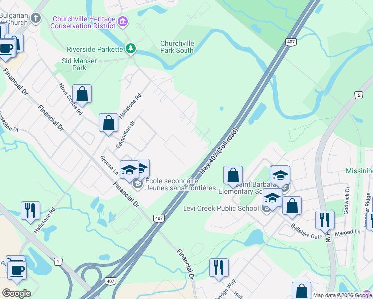 map of restaurants, bars, coffee shops, grocery stores, and more near 18 Tristan Court in Brampton