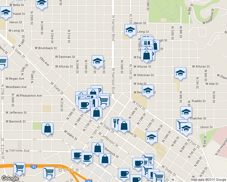 map of restaurants, bars, coffee shops, grocery stores, and more near 912 N Harrison Blvd in Boise