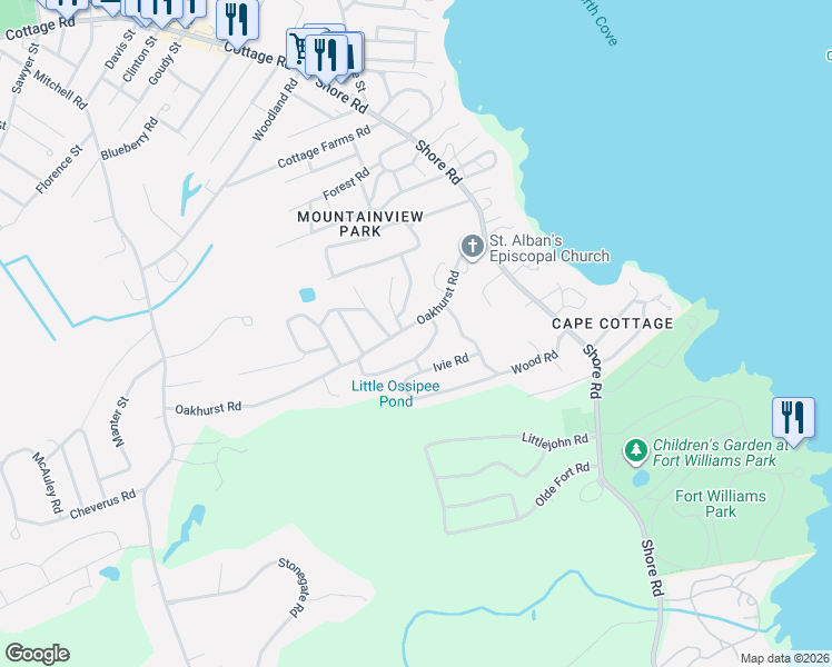 map of restaurants, bars, coffee shops, grocery stores, and more near 2 Lindenwood Road in Cape Elizabeth