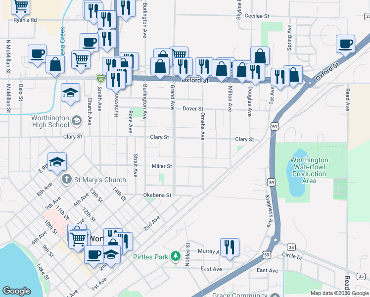 map of restaurants, bars, coffee shops, grocery stores, and more near 1620 Clary Street in Worthington