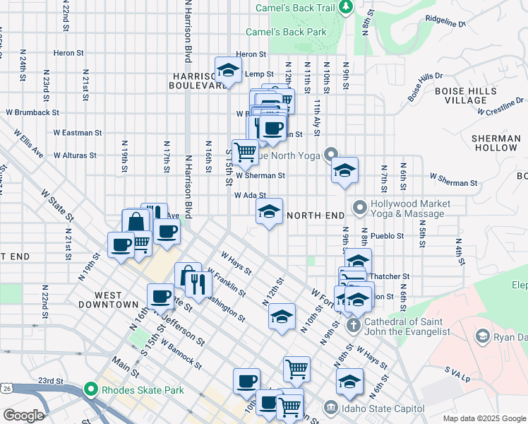 map of restaurants, bars, coffee shops, grocery stores, and more near 1219 North 13th Street in Boise