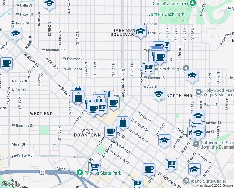 map of restaurants, bars, coffee shops, grocery stores, and more near 820 North 17th Street in Boise