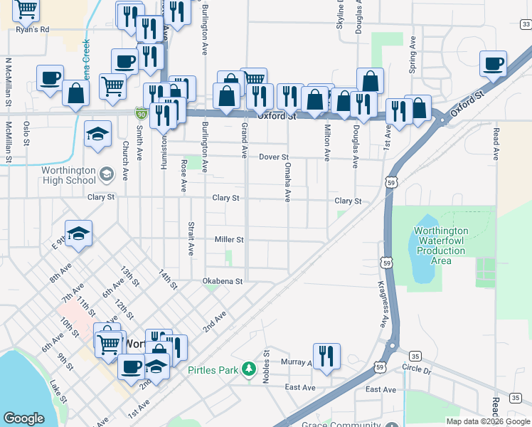 map of restaurants, bars, coffee shops, grocery stores, and more near 1619 Clary Street in Worthington