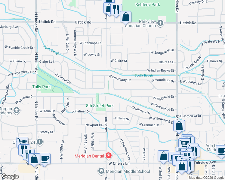 map of restaurants, bars, coffee shops, grocery stores, and more near 2611 North Ridgebury Way in Meridian