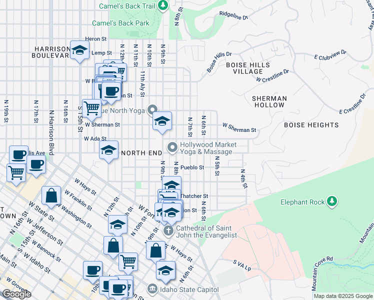 map of restaurants, bars, coffee shops, grocery stores, and more near 1403 North 7th Street in Boise