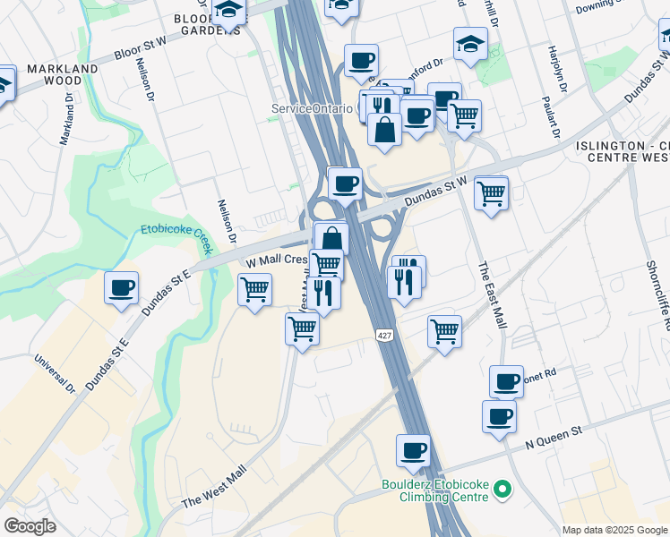 map of restaurants, bars, coffee shops, grocery stores, and more near Ontario 427 in Toronto