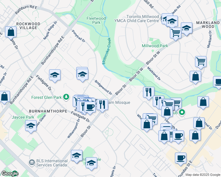 map of restaurants, bars, coffee shops, grocery stores, and more near 1867 Bloor Street in Mississauga