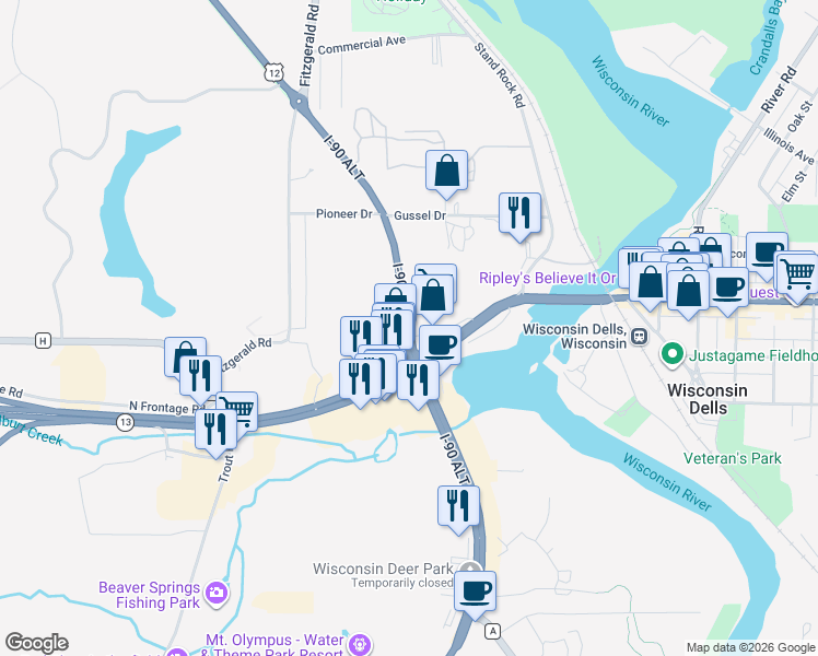 map of restaurants, bars, coffee shops, grocery stores, and more near 3865 Wisconsin Dells Parkway in Wisconsin Dells