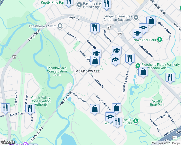 map of restaurants, bars, coffee shops, grocery stores, and more near 6995 Second Line West in Mississauga