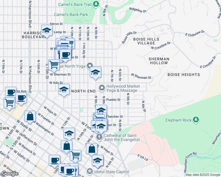 map of restaurants, bars, coffee shops, grocery stores, and more near 1420 North 7th Street in Boise