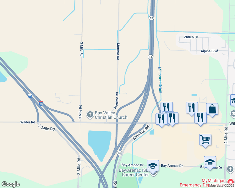 map of restaurants, bars, coffee shops, grocery stores, and more near 3933 Monitor Road in Bay City
